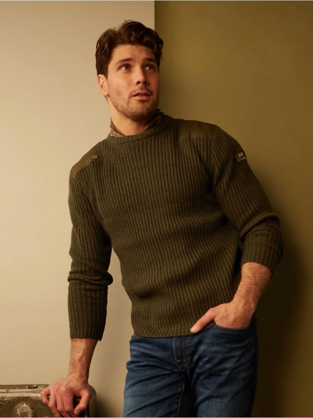 Men’s RED CANOE Land Rover Sweater Wool Rib Knit Size M green Patched